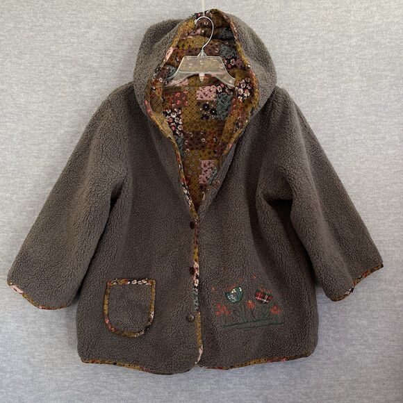 Patchwork Boho Fleece Chore Coat M/L Hooded Reversible Embroidered Cottagecore - Picture 7 of 12